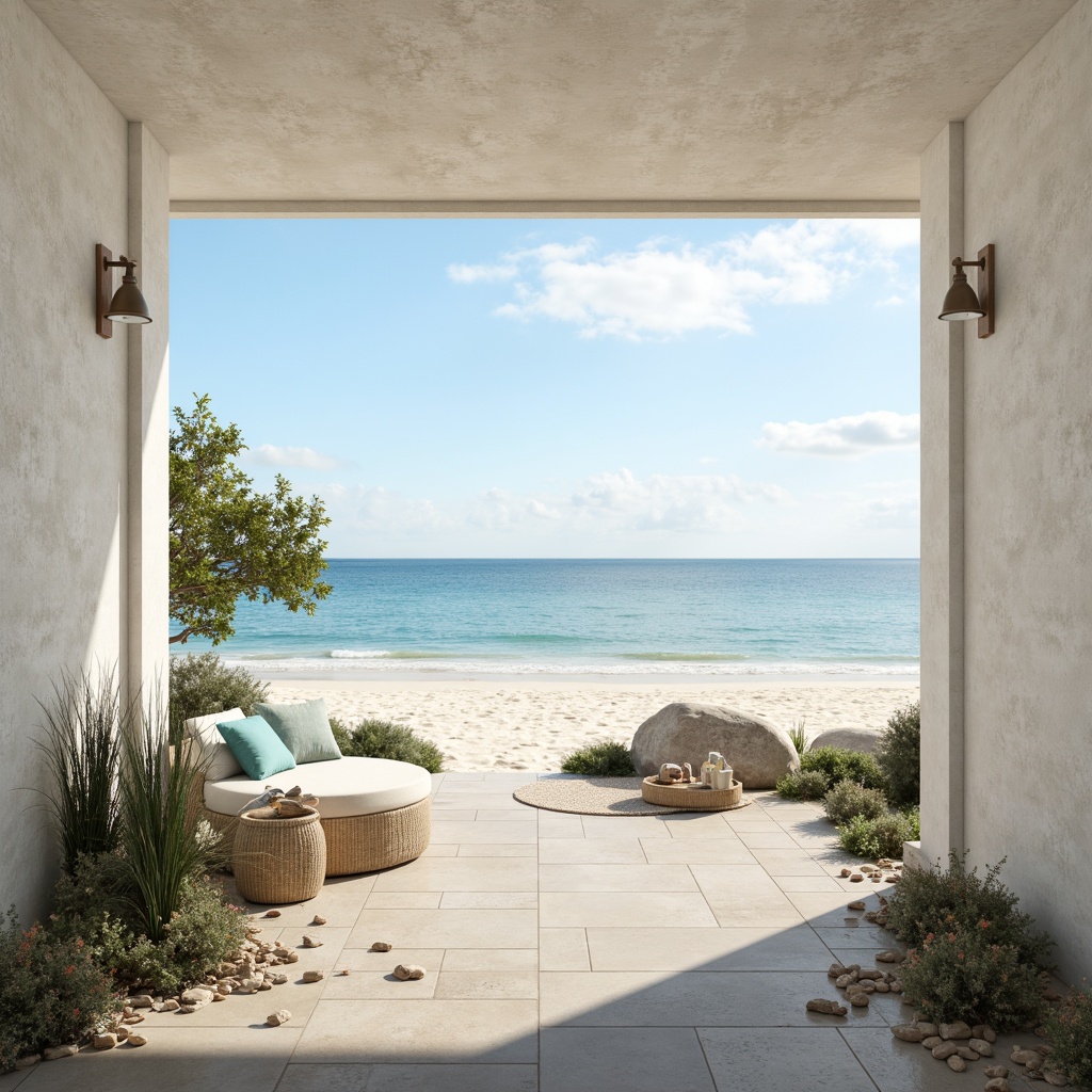 Prompt: Calming ocean views, soft sandy beaches, serene atmosphere, pale blue hues, creamy whites, warm beige tones, gentle turquoise accents, natural textures, woven fibers, driftwood decor, minimal ornamentation, airy open spaces, abundant natural light, subtle shadows, 1/1 composition, realistic reflections, ambient occlusion.