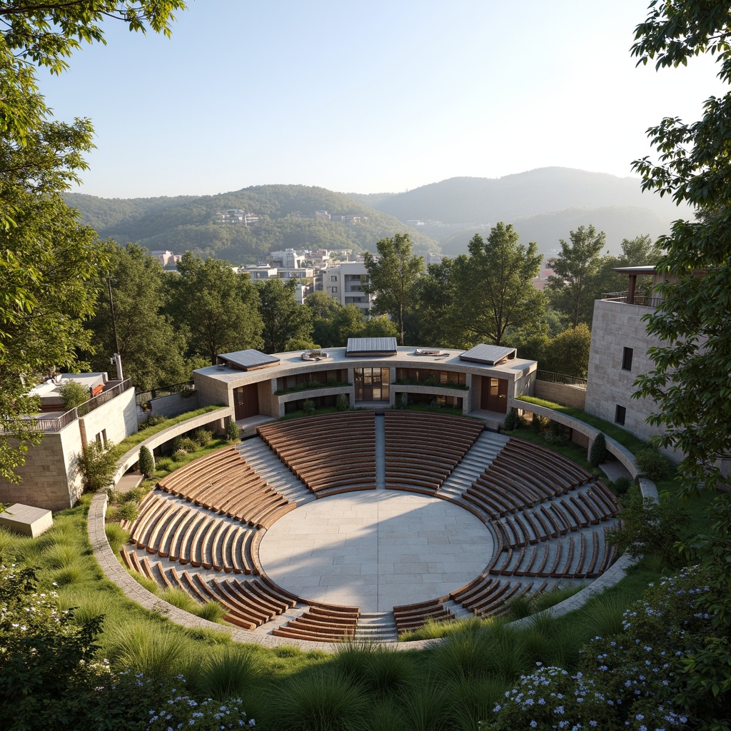 Prompt: Amphitheater, curved seating, natural stone walls, green roofs, living walls, lush vegetation, solar panels, wind turbines, water conservation systems, eco-friendly materials, innovative cooling technologies, shaded outdoor spaces, misting systems, open-air performance space, hillside architecture, grassy slopes, serene atmosphere, soft warm lighting, shallow depth of field, 3/4 composition, panoramic view, realistic textures, ambient occlusion.