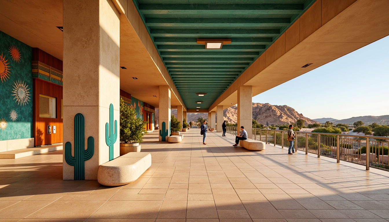 Prompt: \Desert oasis metro station, sandy beige walls, turquoise accents, warm golden lighting, terracotta floor tiles, cactus-inspired columns, natural stone benches, vibrant colorful murals, Arabic-inspired patterns, intricate geometric motifs, modern minimalist design, sleek metal railings, panoramic views of desert landscape, clear blue sky, sunny day, shallow depth of field, 3/4 composition, realistic textures, ambient occlusion.\Please let me know if this meets your requirements or if you need any adjustments!