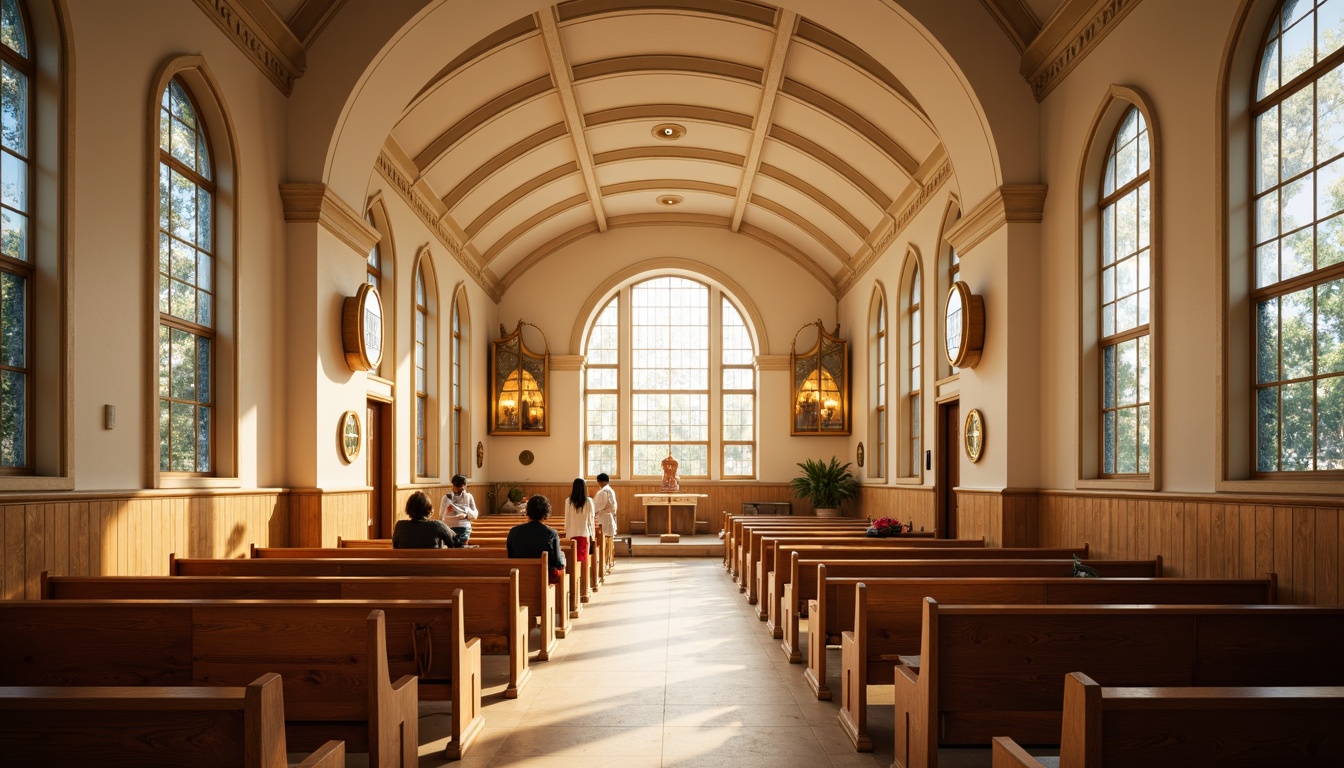 Prompt: Serene worship hall, warm beige walls, rich wood accents, elegant stained glass windows, soft golden lighting, calming blue hues, creamy white ceilings, subtle texture patterns, ornate fixtures, traditional architecture, peaceful atmosphere, natural daylight, shallow depth of field, 1/1 composition, realistic rendering.