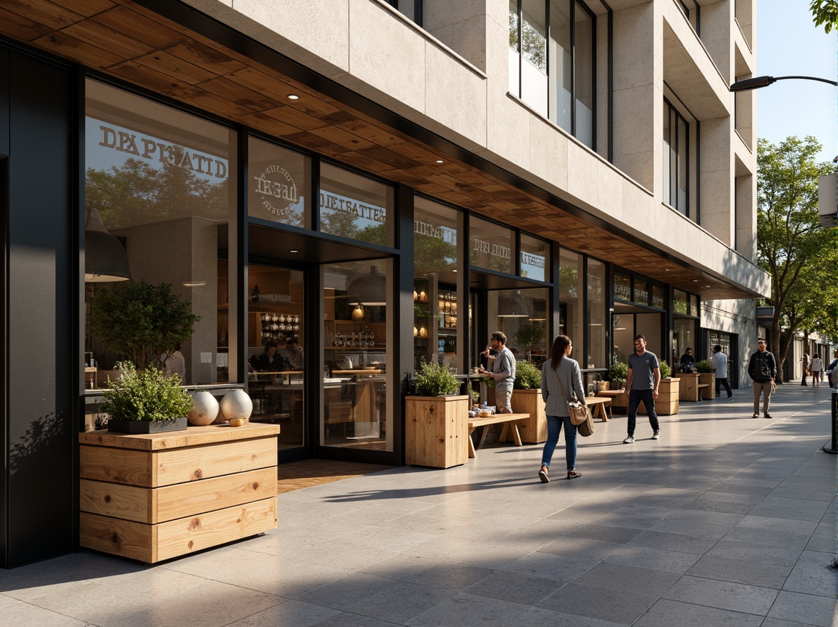 Prompt: Clean minimalist market facade, neutral color palette, simple typography, subtle branding, reclaimed wood accents, industrial metal frames, large glass windows, sliding doors, natural stone flooring, urban cityscape, bustling street life, morning sunlight, soft warm lighting, shallow depth of field, 1/1 composition, realistic textures, ambient occlusion.