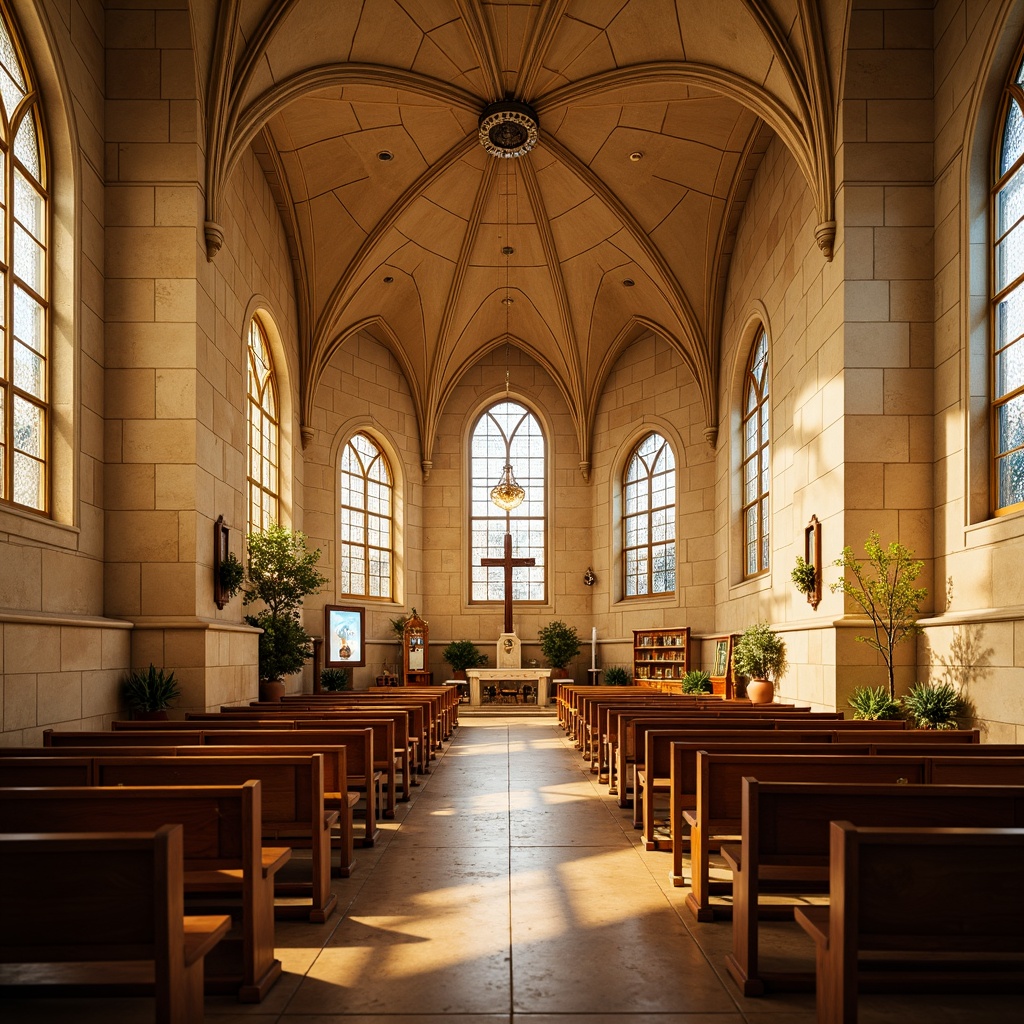 Prompt: Sacred church interior, warm beige stone walls, ornate wooden pews, stained glass windows, soft golden lighting, calming atmosphere, serene ambiance, elegant archways, subtle cream-colored accents, rich wood tones, tranquil blue hues, majestic vaulted ceilings, classic architectural details, dramatic chandeliers, subtle texture overlays, realistic reflections, 1/1 composition, shallow depth of field, warm color grading.