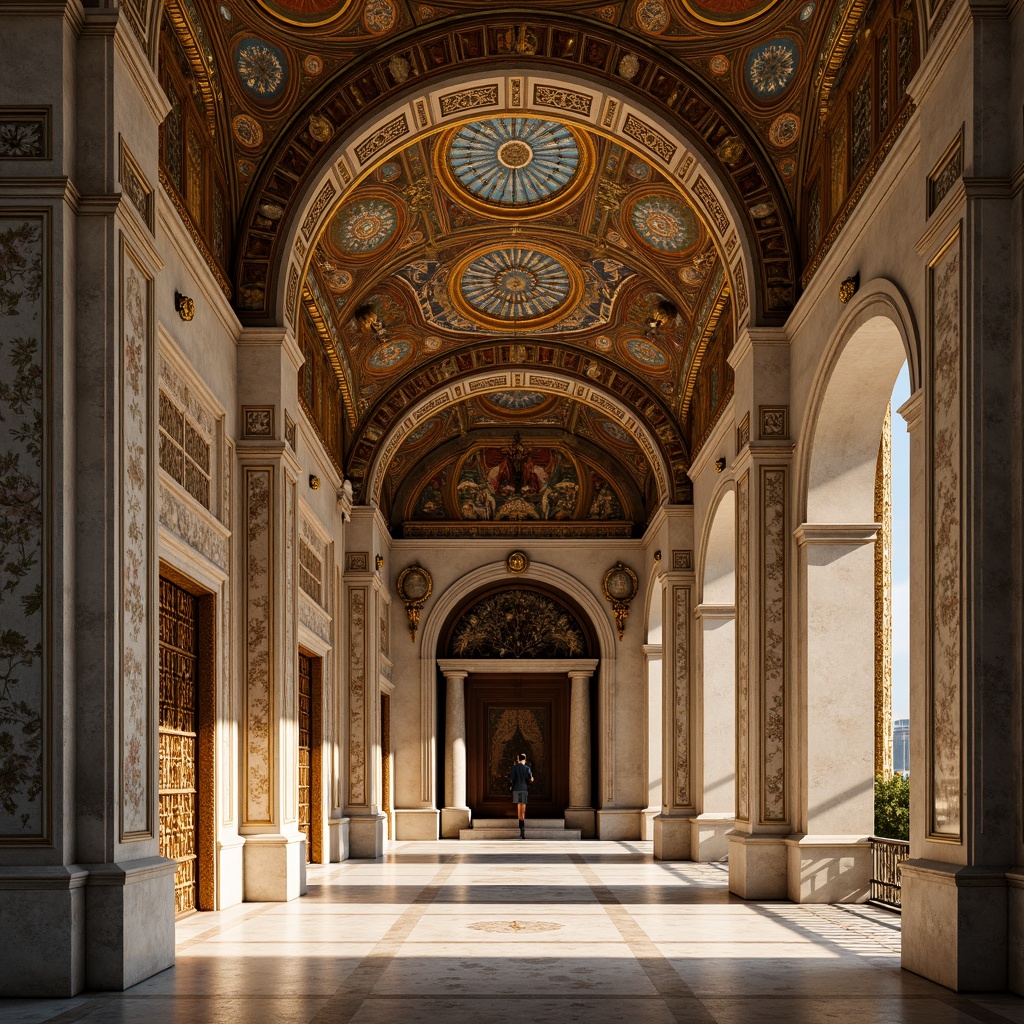 Prompt: Intricate stone carvings, ornate arches, grand domes, golden mosaics, vibrant frescoes, richly patterned textiles, luxurious marble floors, ornamental columns, majestic entranceways, symmetrical fa\u00e7ade composition, warm afternoon sunlight, soft subtle shadows, high contrast ratio, cinematic lighting, 1/2 camera angle, detailed textures, ambient occlusion.