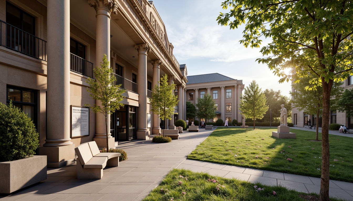 Prompt: Historic museum facade, elegant stone columns, ornate metal gates, lush green lawns, vibrant flower beds, walking paths, educational signage, natural stone benches, classical sculptures, mature shade trees, warm afternoon sunlight, soft focus blur, 1/2 composition, symmetrical framing, realistic textures, ambient occlusion.