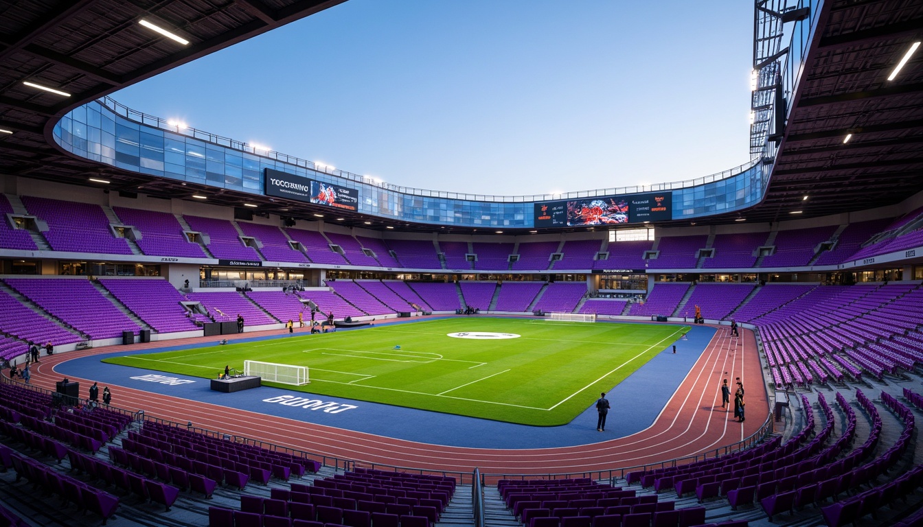 Prompt: Vibrant heliotrope stadium, bold geometric patterns, deep purple seats, bright green athletic tracks, modern sleek architecture, angular lines, metallic accents, high-tech scoreboards, floodlights, evening atmosphere, soft warm glow, shallow depth of field, 1/1 composition, realistic textures, ambient occlusion.