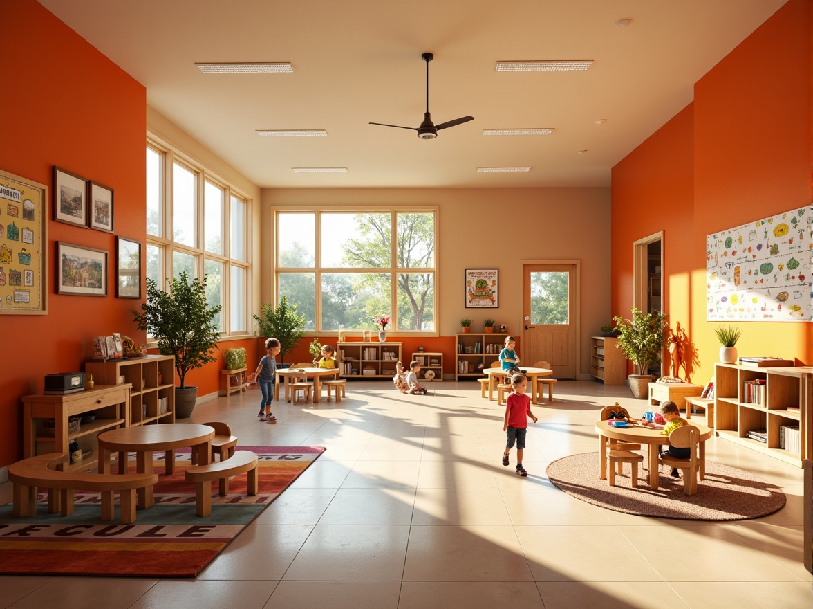 Prompt: Vibrant kindergarten interior, warm orange accent walls, playful wooden furniture, soft cream-colored floors, natural light-filled classrooms, cozy reading nooks, circular tables, tiny chairs, educational posters, colorful rug patterns, whimsical wall decals, stimulating play areas, creative art stations, energetic atmosphere, warm golden lighting, shallow depth of field, 1/1 composition, realistic textures, ambient occlusion.