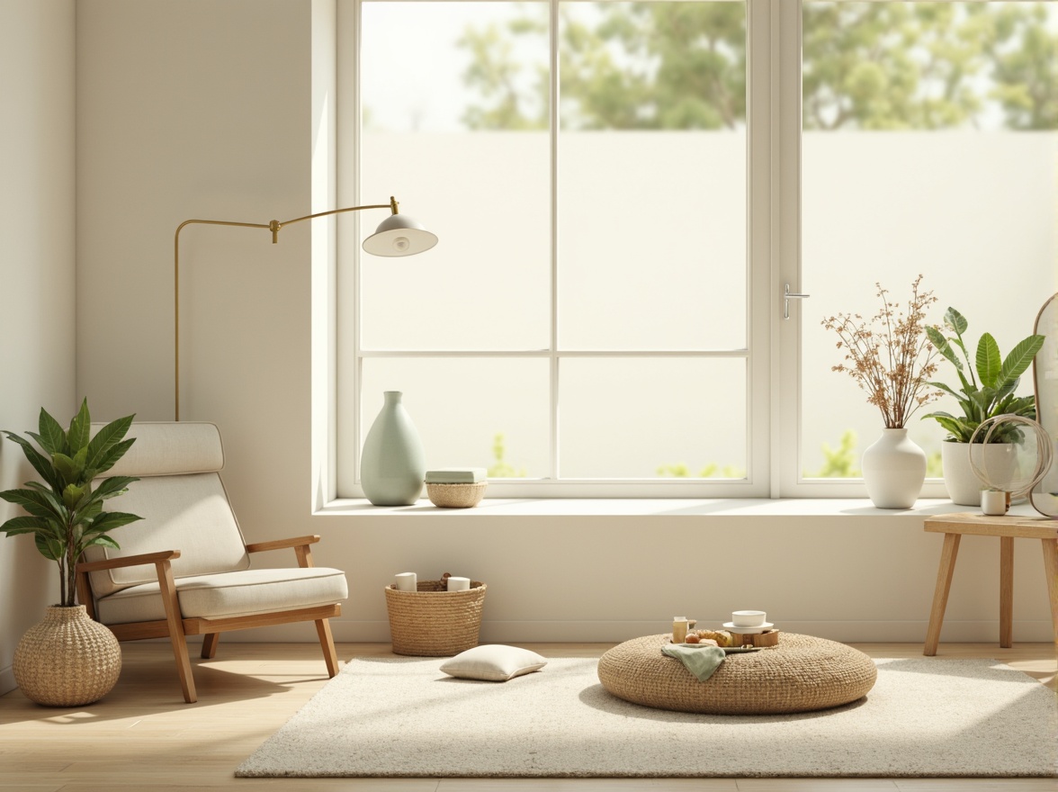 Prompt: Soothing serene atmosphere, calming gentle hues, soft pastel colors, creamy whites, pale blues, misty greens, warm beige tones, natural wood textures, subtle grain patterns, minimalist decor, simple elegant lines, peaceful ambiance, warm golden lighting, shallow depth of field, 1/1 composition, realistic renderings, ambient occlusion.