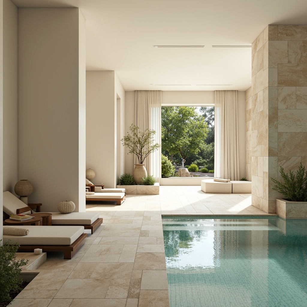 Prompt: Soothing spa interior, calming atmosphere, gentle water features, natural stone accents, peaceful ambiance, soft creamy whites, pale blues, muted greens, warm beige tones, earthy browns, subtle texture variations, organic shapes, minimal ornamentation, relaxing lighting, diffused daylight, calming scents, serene music, nature-inspired patterns, elegant simplicity, harmonious color balance.