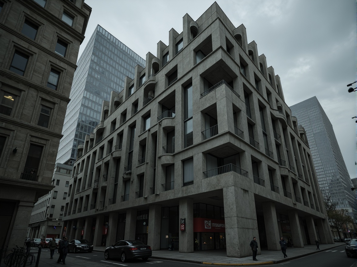 Prompt: Fortified concrete buildings, rugged textures, monolithic forms, fortress-like structures, brutalist pillars, chunky geometries, raw unfinished surfaces, monumental scales, asymmetrical compositions, dramatic shadows, harsh light contrasts, industrial materials, exposed ductwork, urban cityscape, gloomy overcast skies, moody atmospheric lighting, 1/1 composition, high-contrast rendering, detailed normal maps.