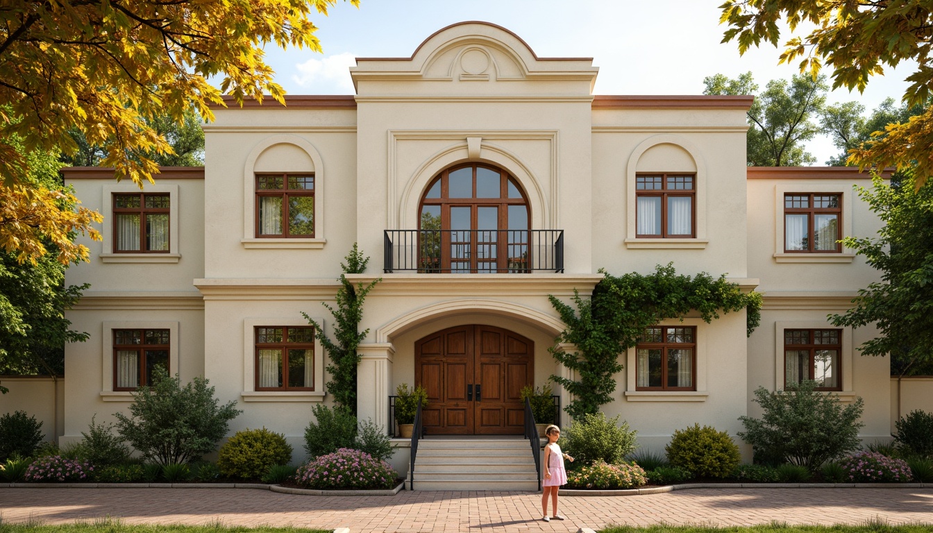 Prompt: Whimsical elementary school, vintage romanticism style, ornate facades, curved lines, soft pastel colors, cream-colored stone walls, rustic wooden doors, elegant metal railings, lush green vines, blooming flowers, sunny afternoon, warm golden lighting, shallow depth of field, 1/2 composition, intimate framing, realistic textures, ambient occlusion.