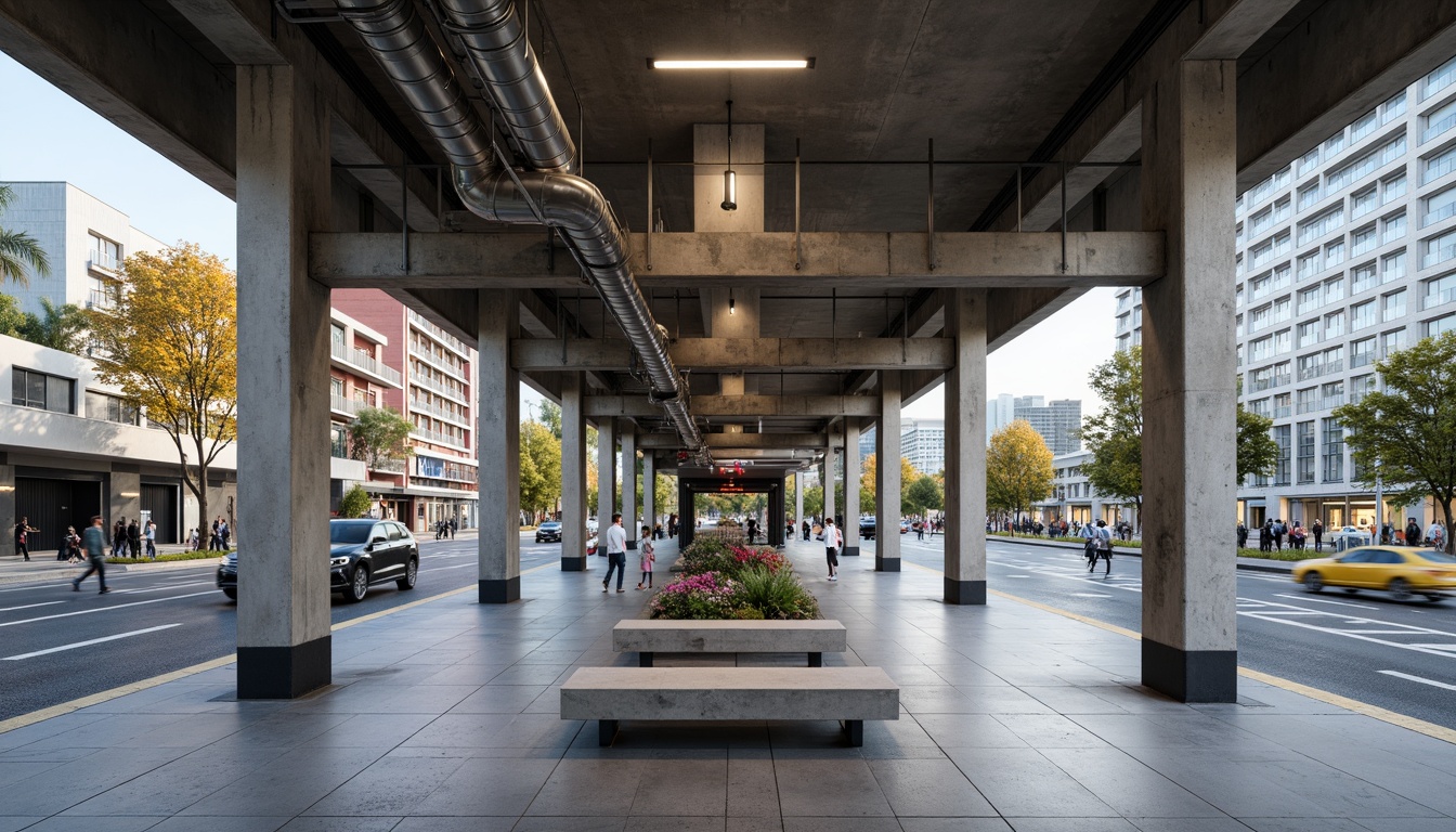 Prompt: Concrete bus station, industrial chic, metal beams, exposed ductwork, urban landscape, bustling streets, natural stone flooring, sleek glass fa\u00e7ade, minimalist design, energy-efficient systems, LED lighting, stainless steel benches, modern signage, urban art installations, dynamic architecture, asymmetrical lines, vibrant cityscape, morning rush hour, soft diffused light, shallow depth of field, 1/1 composition, realistic textures.