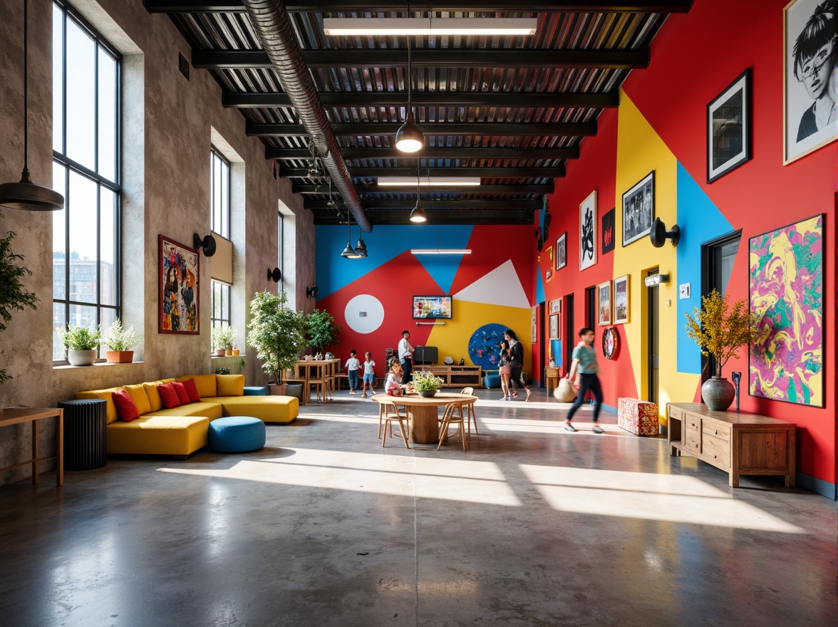 Prompt: Vibrant youth center, bold geometric shapes, primary color scheme, bright red accents, deep blue tones, sunny yellow highlights, abstract murals, urban graffiti, industrial metal beams, polished concrete floors, minimalist decor, functional furniture, collaborative workspaces, natural light pouring in, high ceilings, open floor plans, playful textures, eclectic art pieces, dynamic lighting effects, 1/1 composition, shallow depth of field, realistic renderings.