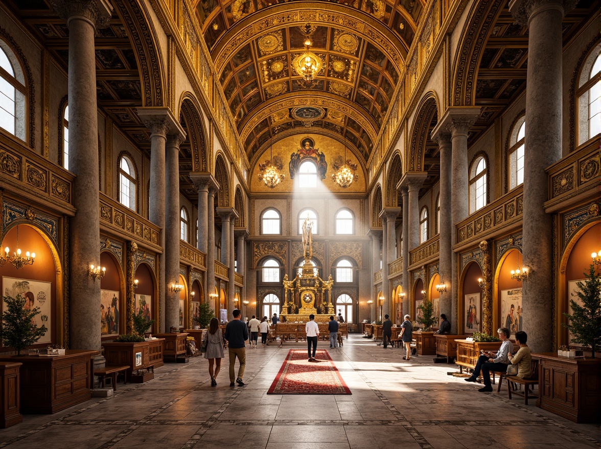 Prompt: Byzantine-style cathedral, golden mosaics, intricate patterns, ornate details, vibrant colors, shimmering light, grand dome architecture, sacred icons, ornamental arches, marble flooring, rich textiles, luxurious furnishings, mystical ambiance, soft warm lighting, shallow depth of field, 1/1 composition, realistic textures, ambient occlusion.