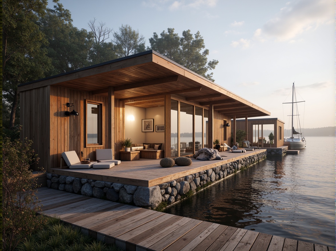 Prompt: Waterfront boathouse, rustic wooden docks, weathered wood textures, nautical ropes, sailboat-inspired design, lake or ocean views, misty morning atmosphere, soft warm lighting, natural stone foundations, reclaimed wood accents, corrugated metal roofs, transparent glass walls, minimalist interior decor, cozy reading nooks, plush throw blankets, marine-grade materials, durable outdoor furniture, lantern-style lighting fixtures, organic color palette, earthy tones, serene ambiance, 3/4 composition, shallow depth of field.