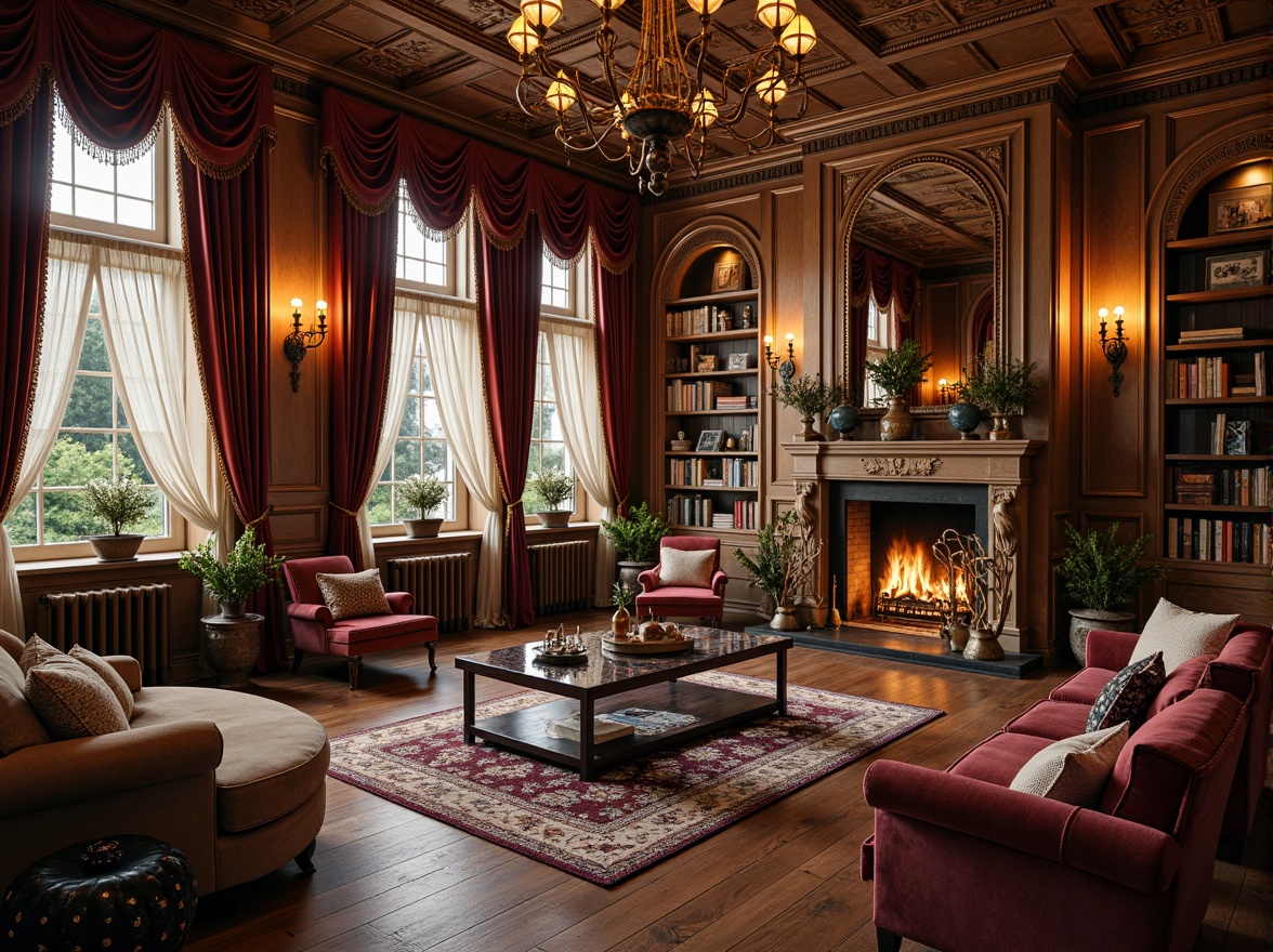 Prompt: Elegant living room, rich velvet drapes, ornate wooden furniture, intricate carvings, soft golden lighting, warm fireplaces, plush area rugs, vintage armchairs, delicate lace curtains, ornamental mirrors, lavish chandeliers, grand pianos, luxurious fabrics, distressed wood accents, rustic stone walls, cozy reading nooks, dramatic archways, whimsical wall art, nostalgic color palette, dreamy atmosphere, shallow depth of field, 1/1 composition, warm color grading.