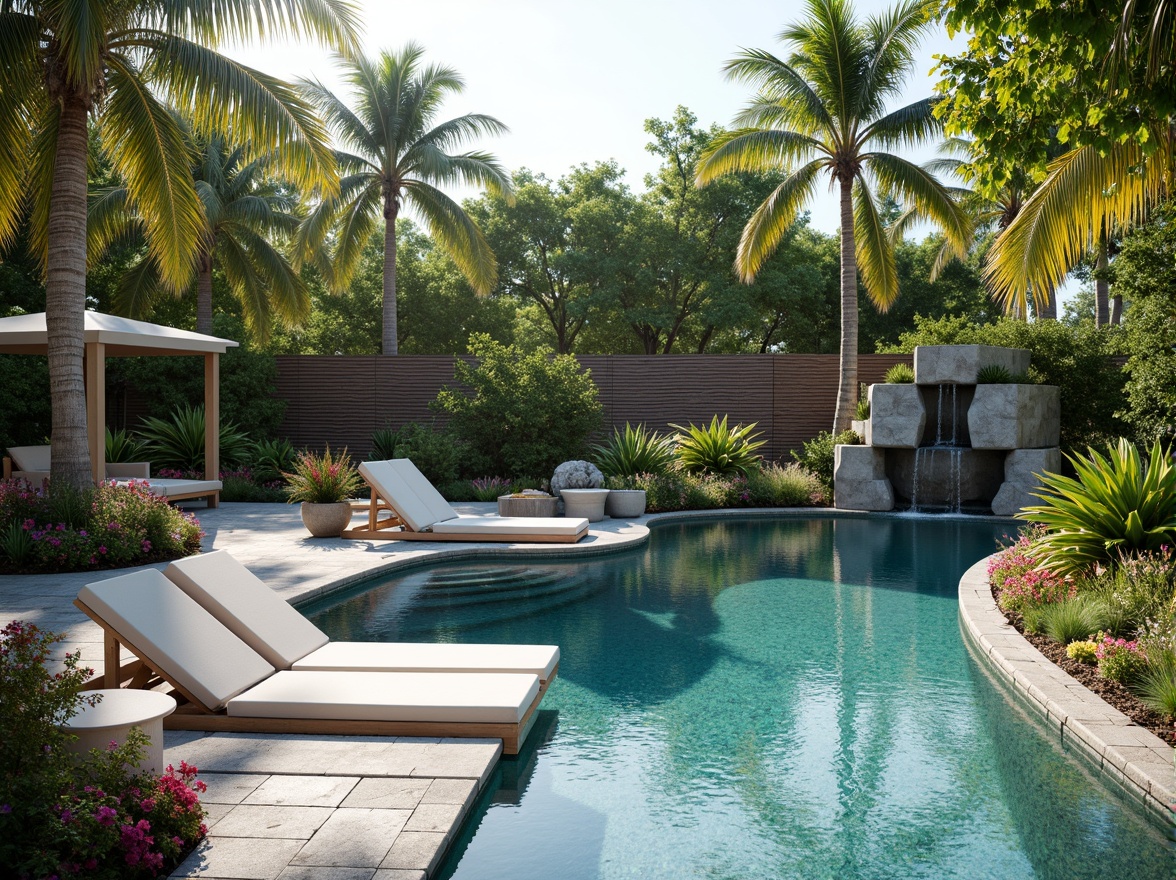 Prompt: Luxuriant tropical garden, crystal clear swimming pool, infinity edge, sun loungers, palm trees, vibrant flowers, natural stone decking, wooden pool fencing, tranquil water features, gentle waterfall, misting system, warm sunny day, soft focus, shallow depth of field, 1/2 composition, realistic textures, ambient occlusion.