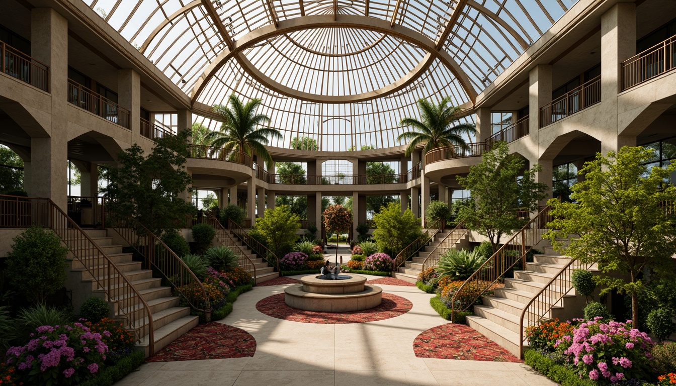 Prompt: Opulent art deco greenhouse, geometric metal framework, ornate glass panels, lush tropical plants, vibrant floral patterns, curved lines, metallic accents, luxurious textiles, marble flooring, grand staircase, symmetrical composition, soft warm lighting, shallow depth of field, 1/1 aspect ratio, realistic reflections, ambient occlusion.