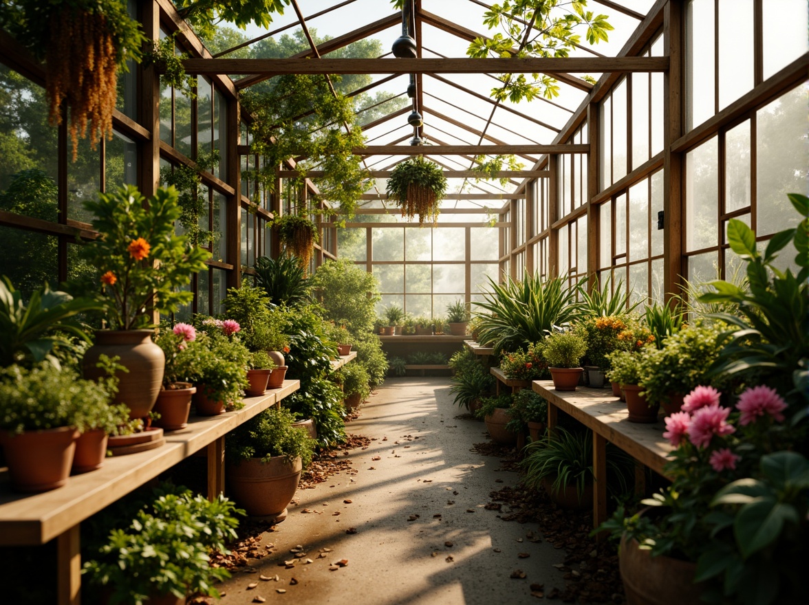 Prompt: Vibrant greenhouse, lush tropical plants, warm natural light, misty atmosphere, humid climate, exotic flowers, bright colors, earthy tones, wooden accents, rustic metal frames, vintage gardening tools, soft focus, shallow depth of field, 1/1 composition, warm golden lighting, realistic textures, ambient occlusion.