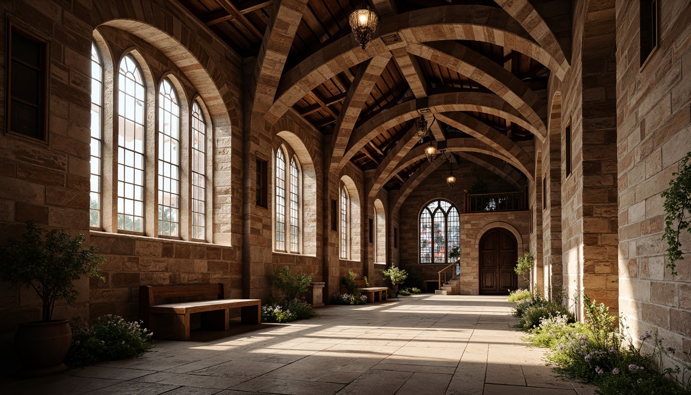 Prompt: Ancient stone church, rustic masonry textures, weathered brick facades, stained glass windows, grandiose arches, vaulted ceilings, ornate carvings, intricate stone patterns, medieval-inspired architecture, serene ambiance, warm soft lighting, shallow depth of field, 3/4 composition, panoramic view, realistic renderings, ambient occlusion.