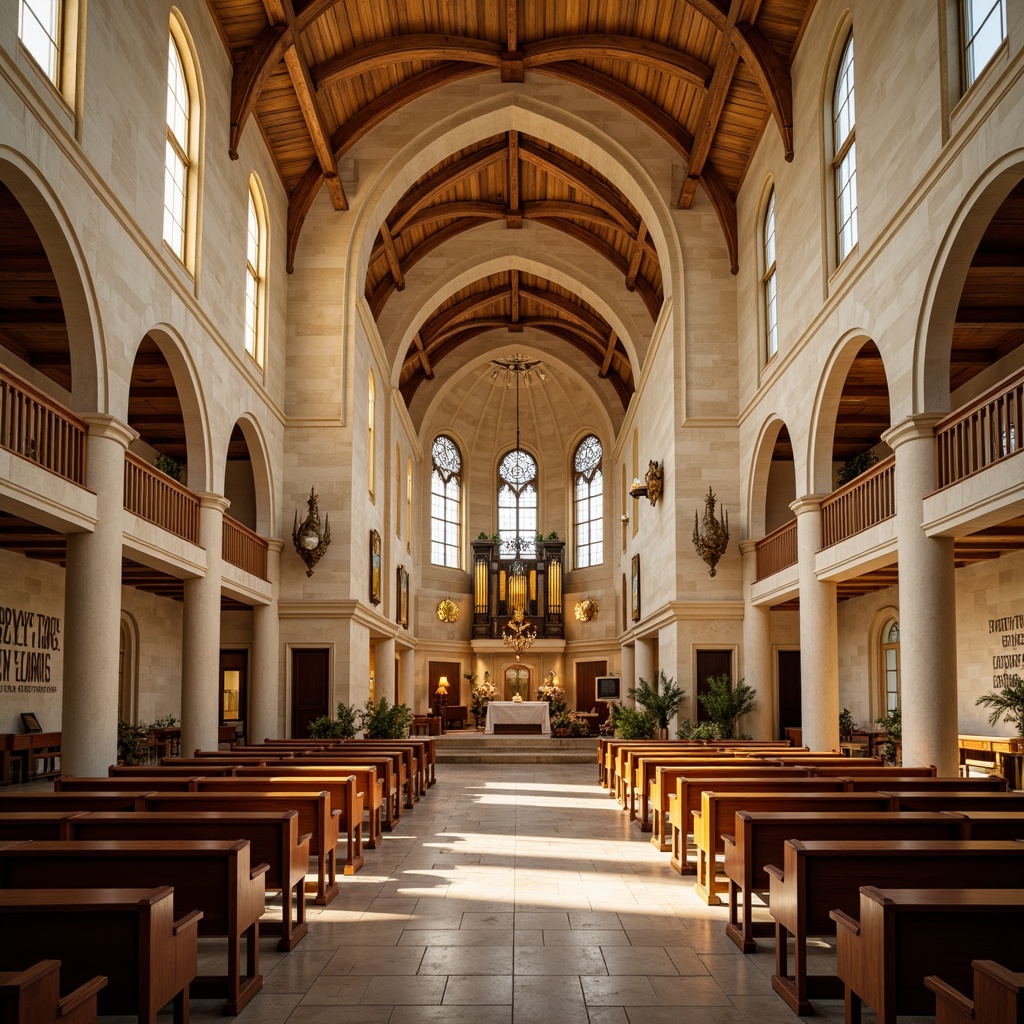 Prompt: Elegant church interior, warm beige stone walls, stained glass windows, rich wooden pews, soft golden lighting, serene ambiance, subtle cream accents, gentle earth tones, calming blue hues, inspirational quotes, ornate chandeliers, traditional architectural details, vaulted ceilings, grand organs, peaceful atmosphere, natural light pouring in, shallow depth of field, 1/2 composition, warm color harmony, realistic textures.