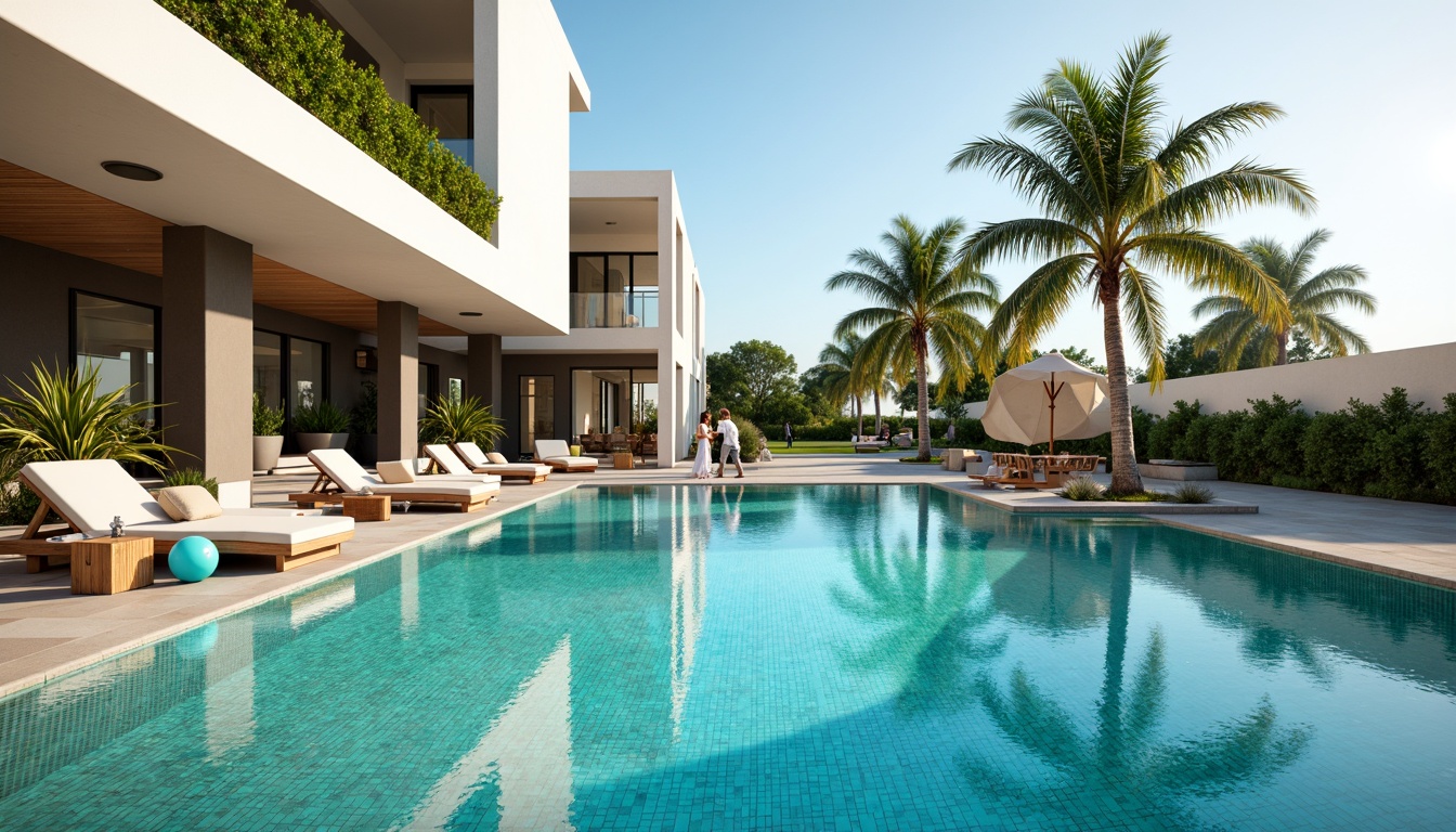 Prompt: Vibrant swimming pool, turquoise water, sleek modern architecture, angular lines, minimalist design, ceramic tiles, glass mosaic, natural stone decks, wooden lounge chairs, colorful beach balls, tropical plants, palm trees, sunny day, warm soft lighting, shallow depth of field, 3/4 composition, panoramic view, realistic textures, ambient occlusion.