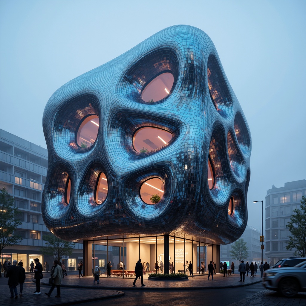 Prompt: Organic blob-shaped building, iridescent colors, shimmering metallic surfaces, undulating curves, futuristic architecture, parametric design, computational modeling, algorithmic patterns, intricate details, glowing neon lights, atmospheric mist, foggy surroundings, mystical ambiance, soft focus, shallow depth of field, 1/2 composition, cinematic perspective, dreamy atmosphere, surreal quality.