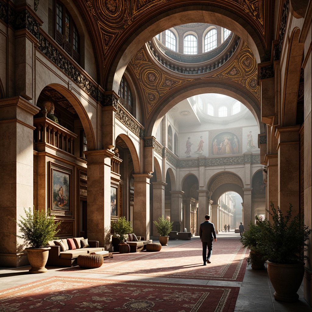 Prompt: Intricate stone carvings, ornate arches, grand domes, golden mosaics, vibrant frescoes, rustic brickwork, weathered limestone walls, ornamental columns, curved vaults, richly patterned textiles, warm candlelight, soft afternoon sunbeams, high-angle shot, dramatic shadows, ambient occlusion, realistic textures.