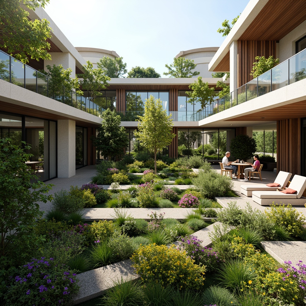 Prompt: Harmonious landscape integration, lush green roofs, verdant walls, natural stone facades, modern building architecture, curved lines, minimalist design, seamless transitions, indoor-outdoor connections, floor-to-ceiling windows, sliding glass doors, cantilevered overhangs, shaded outdoor spaces, comfortable seating areas, vibrant plant species, blooming flowers, soft warm lighting, shallow depth of field, 3/4 composition, panoramic view, realistic textures, ambient occlusion.