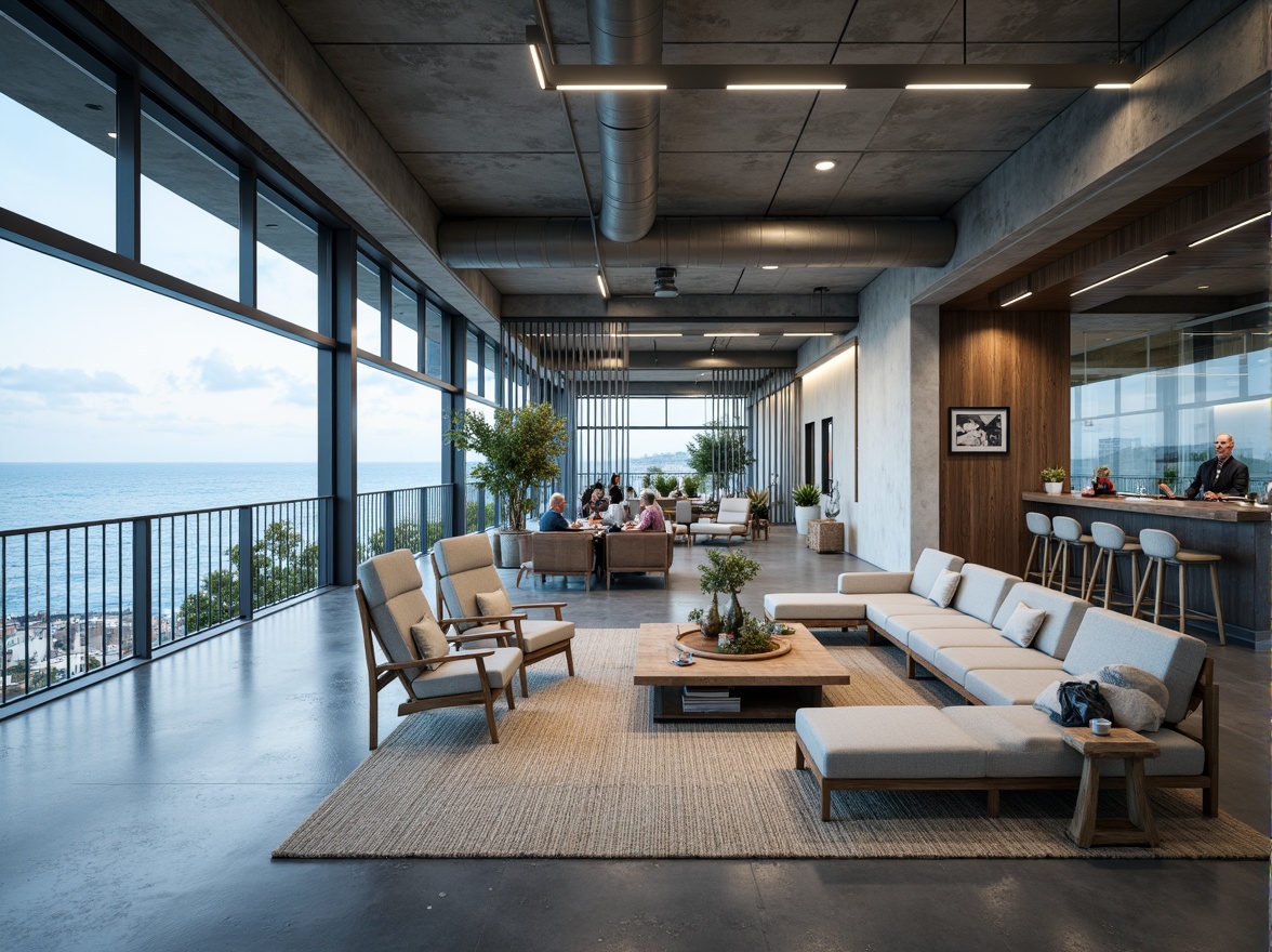 Prompt: Polished concrete floors, sleek metal accents, glass partitions, minimalist d\u00e9cor, modern LED lighting, ocean-inspired color palette, calming blues and whites, natural textiles, woven fibers, driftwood furnishings, marine-grade materials, weathered wood finishes, industrial chic pipes, exposed ductwork, floor-to-ceiling windows, panoramic coastal views, soft diffused lighting, shallow depth of field, 1/1 composition, realistic reflections, ambient occlusion.