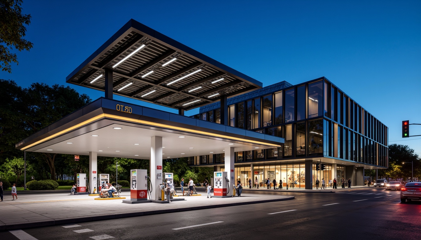 Prompt: Modern gas station, futuristic facade design, sleek metal cladding, LED lighting strips, angular lines, minimalist aesthetic, cantilevered canopies, green roofs, solar panels, energy-efficient systems, bold color schemes, dynamic shapes, urban landscape, city streets, busy traffic, night-time ambiance, dramatic shadows, high-contrast lighting, 3/4 composition, panoramic view, realistic textures, ambient occlusion.