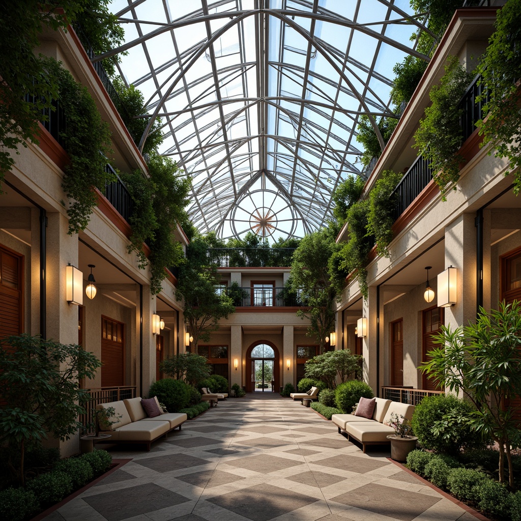 Prompt: Geometric glass roofs, ornate metal frames, lush greenery, exotic plants, Art Deco patterns, symmetrical architecture, metallic accents, bold colors, zigzag motifs, sunburst designs, chevron patterns, stepped silhouettes, luxurious furnishings, ornate doorways, curved lines, geometric shapes, natural materials, elegant lighting fixtures, soft warm glow, dramatic shadows, 1/1 composition, realistic textures, ambient occlusion.