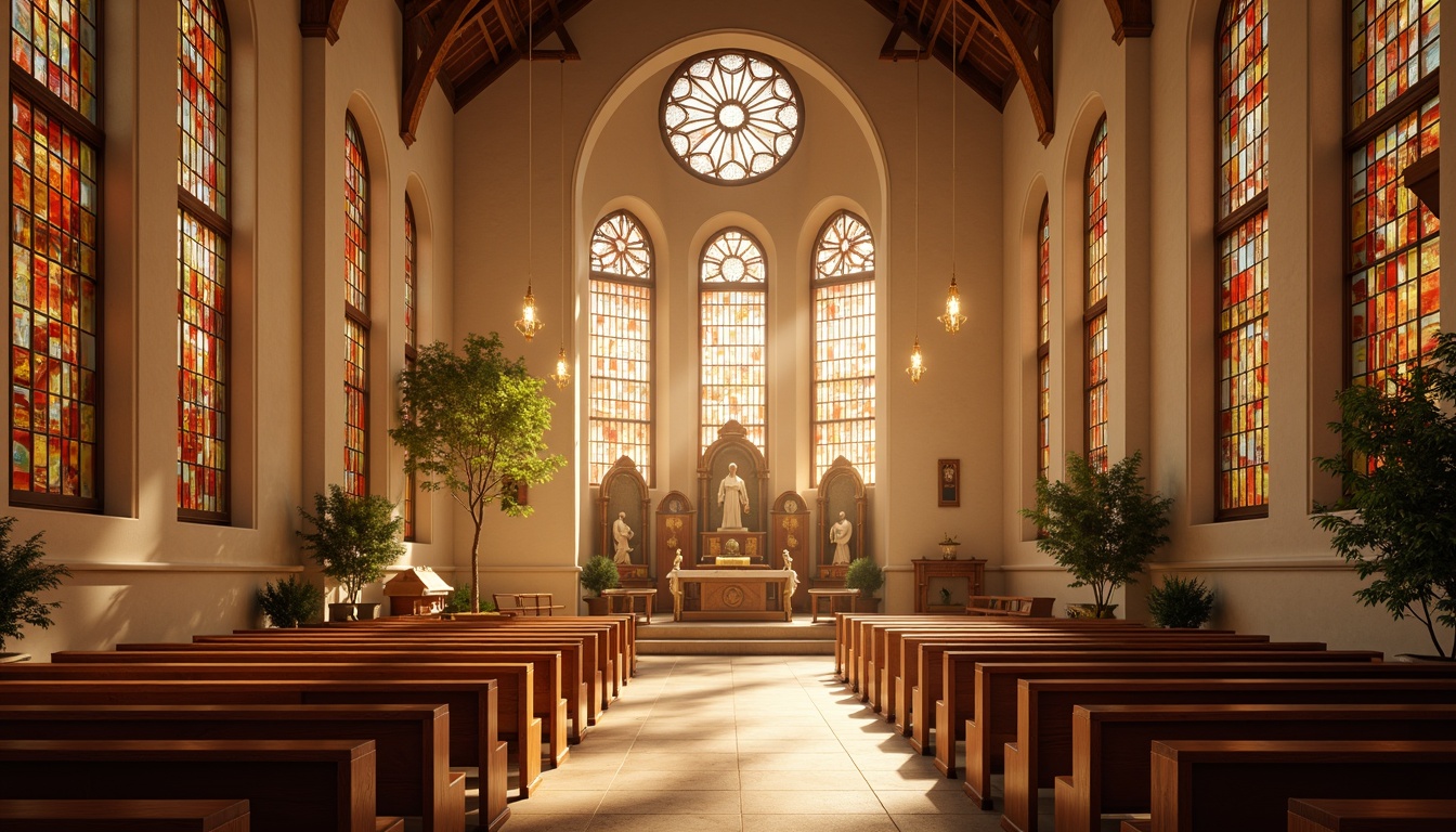 Prompt: Sacred church interior, warm golden lighting, soft beige walls, rich wood tones, elegant stained glass windows, vibrant red accents, ornate chandeliers, intricate stone carvings, peaceful ambiance, serene atmosphere, natural materials, earthy color scheme, subtle texture variations, realistic rendering, shallow depth of field, 1/1 composition, warm sunny day, soft focus, gentle shadows.