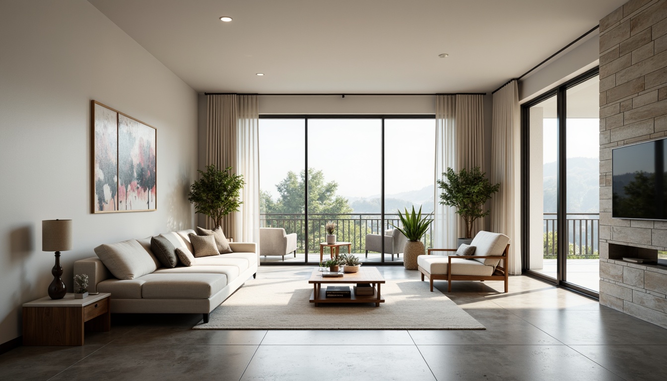 Prompt: Minimalist living room, neutral color palette, sleek lines, minimal ornamentation, natural light, floor-to-ceiling windows, polished concrete floors, industrial chic decor, functional furniture, hidden storage, clutter-free spaces, calming atmosphere, subtle textures, soft warm lighting, shallow depth of field, 1/1 composition, realistic renderings.