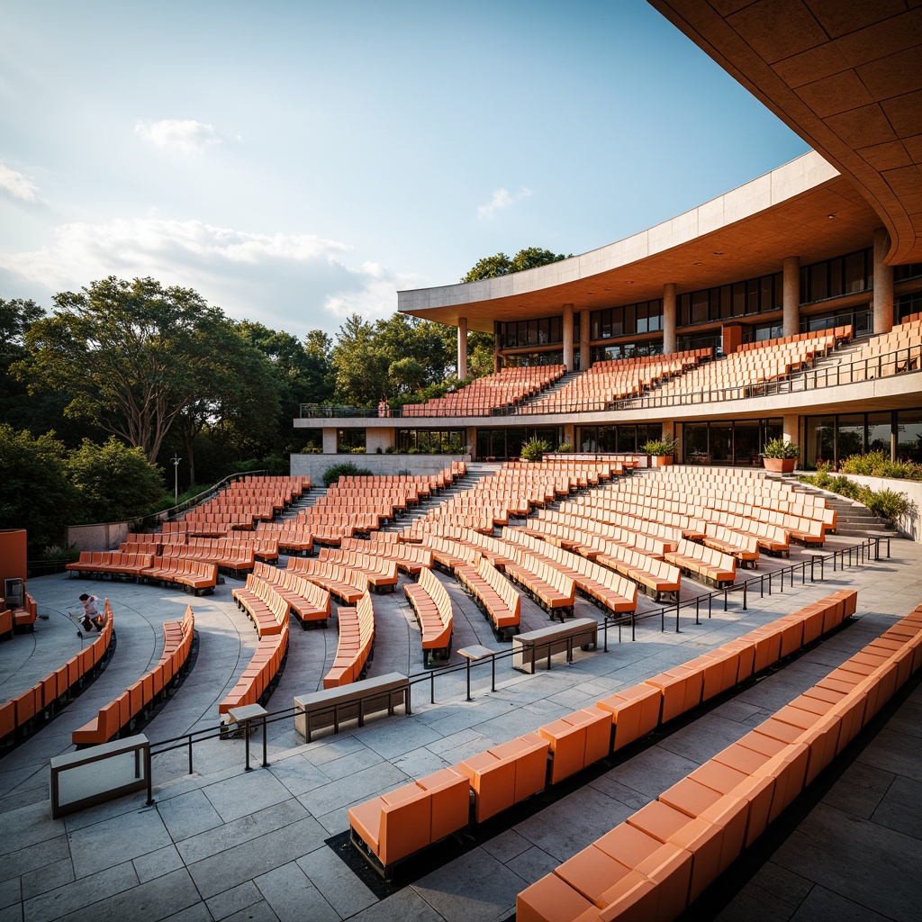 Prompt: Amphitheater seating arrangement, modernist architecture style, curved rows, tiered platforms, sleek metal frames, minimalist design, bold color accents, natural stone floors, cantilevered roofs, dramatic staircases, open-air atmosphere, sunny day, soft warm lighting, shallow depth of field, 3/4 composition, panoramic view, realistic textures, ambient occlusion.