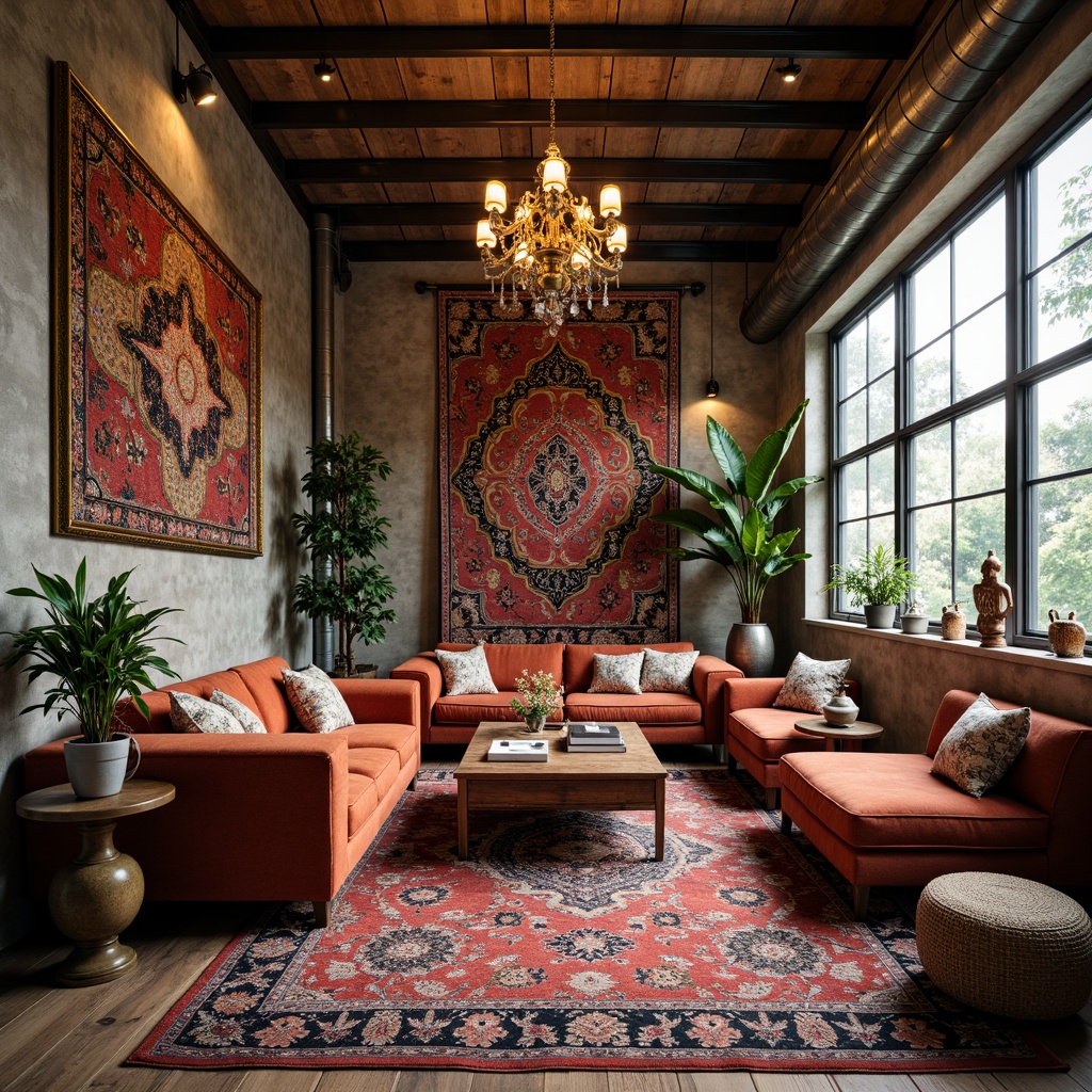 Prompt: Vibrant eclectic interior, mixed vintage furniture, bold patterned rugs, richly textured walls, ornate antique decorations, luxurious velvet fabrics, metallic accents, industrial metal beams, reclaimed wood flooring, oversized windows, natural light pouring in, warm cozy ambiance, dramatic chandelier lighting, eclectic art pieces, bohemian-inspired textiles, lush greenery, abstract geometric patterns, 3/4 composition, shallow depth of field, realistic textures.