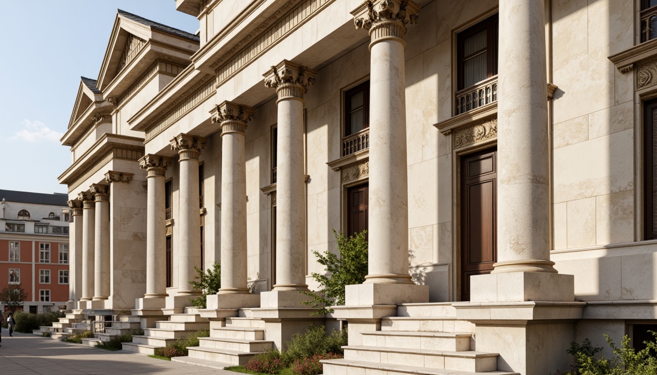 Prompt: Grandiose column capitals, ornate Corinthian columns, symmetrical facade, rusticated stone base, elegant entablature, decorative pilasters, curved pediment, intricately carved acanthus leaves, subtle egg-and-dart molding, creamy white marble, richly veined granite, limestone cladding, ornamental metalwork, gilded accents, soft warm lighting, shallow depth of field, 2/3 composition, realistic textures, ambient occlusion.