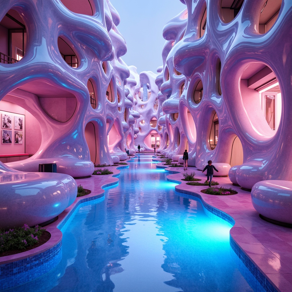 Prompt: Vibrant blob-like structures, iridescent hues, shimmering metallic surfaces, neon-lit accents, electric blue undertones, pastel pink highlights, glossy finishes, reflective materials, futuristic ambiance, cyberpunk inspiration, high-tech architecture, sleek curves, organic shapes, luminescent details, glowing effects, 3D modeling, computer-generated imagery, futuristic cityscapes, virtual reality environments, surreal landscapes.