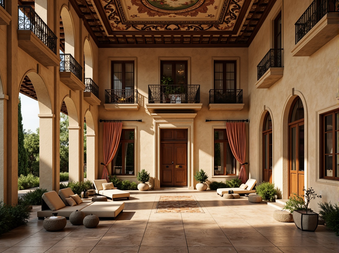 Prompt: Luxurious villa, Renaissance-inspired architecture, warm beige stone walls, rustic terracotta roof tiles, ornate wooden doors, elegant ironwork balconies, rich velvet drapes, polished marble floors, intricate fresco ceilings, soft golden lighting, subtle texture overlays, 1/2 composition, atmospheric perspective, realistic reflections, detailed architectural ornaments.