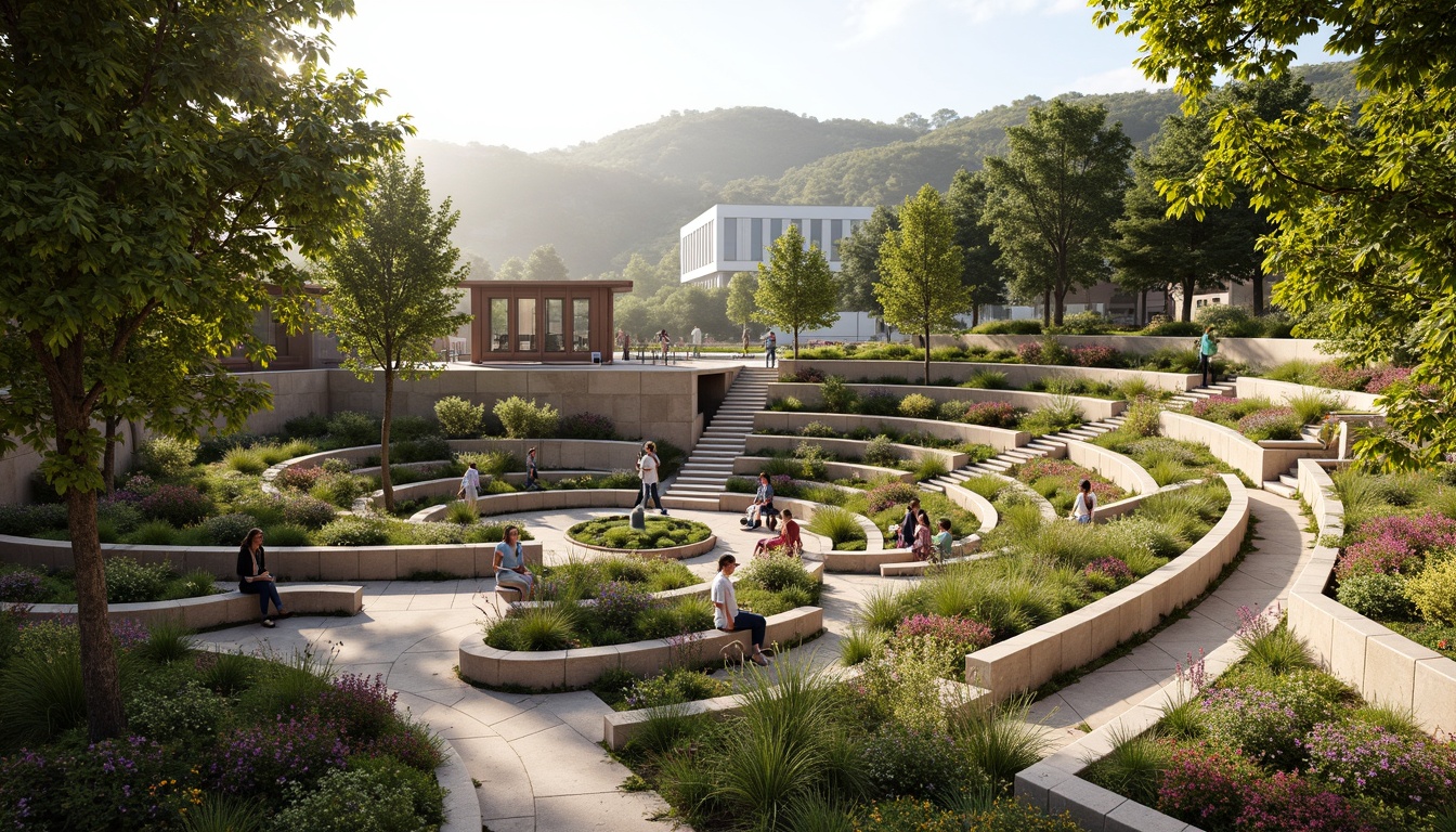 Prompt: Tiered seating areas, curved rows of benches, natural stone walls, lush greenery, vibrant flowers, public art installations, community gathering spaces, open-air performances, warm sunny days, soft warm lighting, shallow depth of field, 3/4 composition, panoramic views, realistic textures, ambient occlusion.