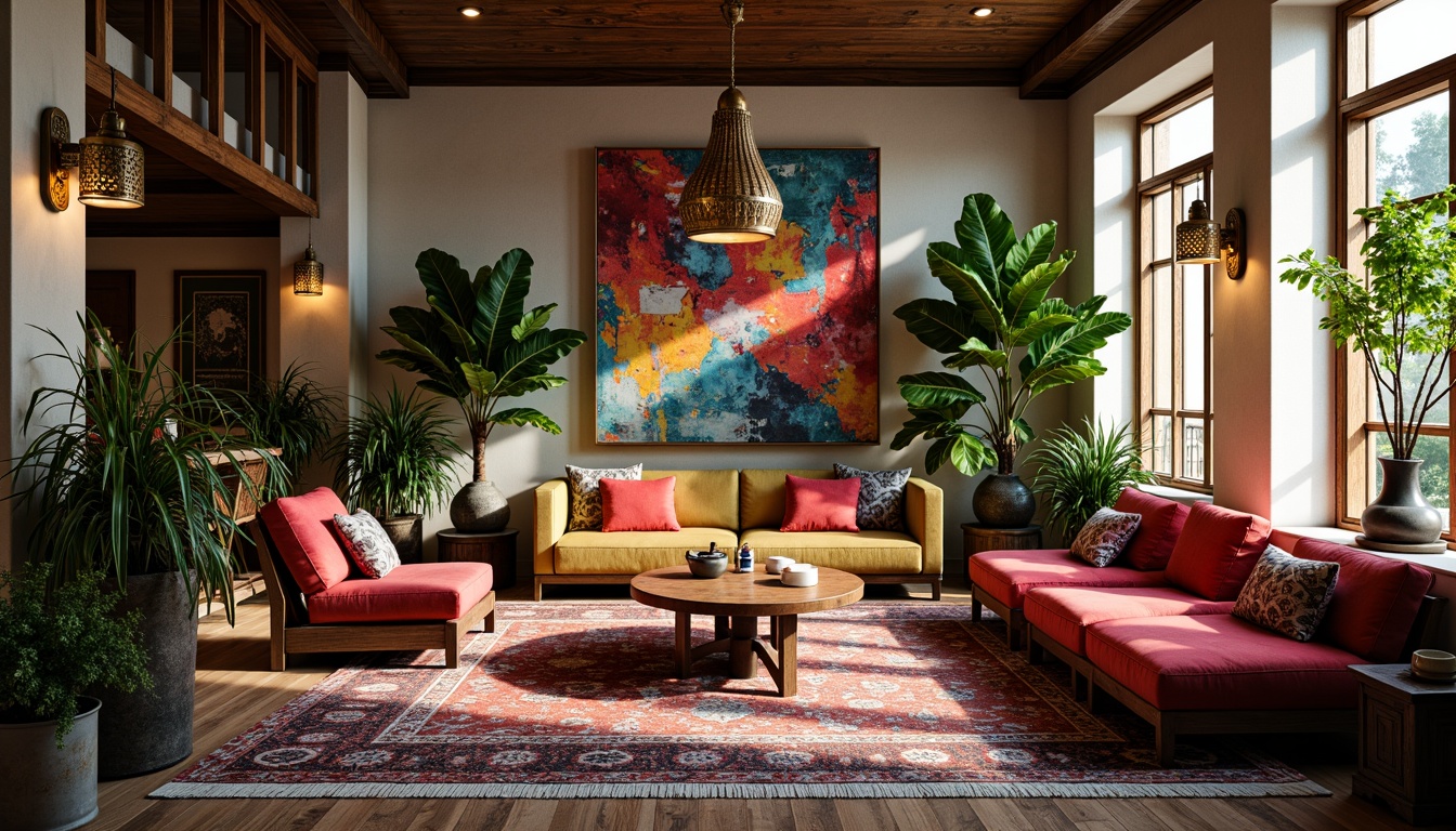 Prompt: Vibrant eclectic interior, mixed vintage and modern furniture, bold patterned rugs, distressed wood accents, ornate metal fixtures, lush greenery, colorful abstract artwork, unique decorative accessories, eclectic lighting fixtures, soft warm glow, shallow depth of field, 1/1 composition, realistic textures, ambient occlusion.