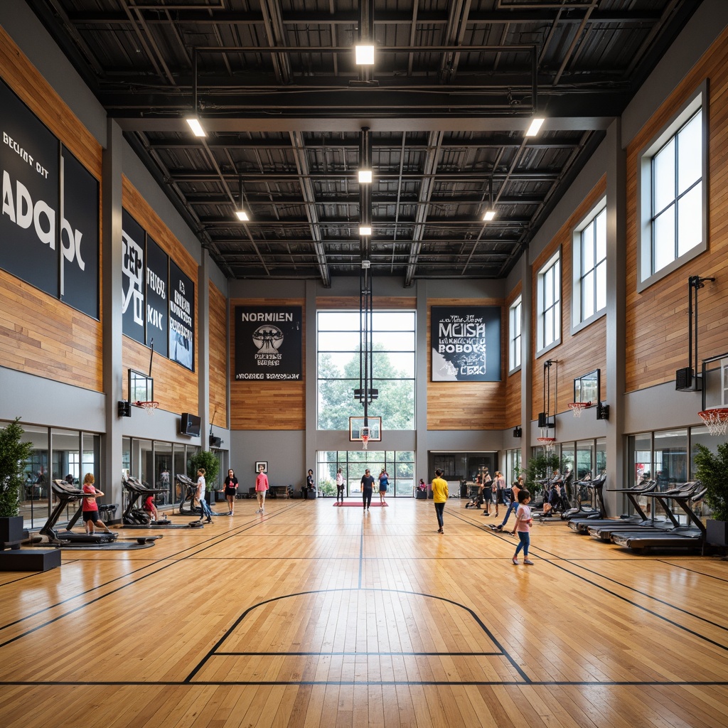 Prompt: Modern gymnasium interior, open-plan layout, high ceilings, polished wooden floors, mirrored walls, professional sports equipment, basketball hoops, volleyball nets, exercise machines, free weights, treadmills, yoga mats, athletic tracks, natural light, large windows, sliding glass doors, ventilation systems, acoustic panels, sound-absorbing materials, vibrant color schemes, motivational quotes, dynamic lighting, 1/2 composition, shallow depth of field, realistic textures.