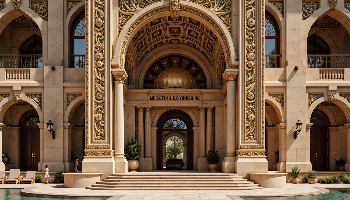 Prompt: Byzantine-inspired gymnasium facade, intricately patterned stone carvings, ornate golden details, grand arched entrance, majestic domes, richly textured terracotta tiles, warm earthy color palette, subtle ornamental ironwork, grandiose scale, imposing columns, soft afternoon lighting, shallow depth of field, 2/3 composition, symmetrical framing, realistic stone textures, ambient occlusion.