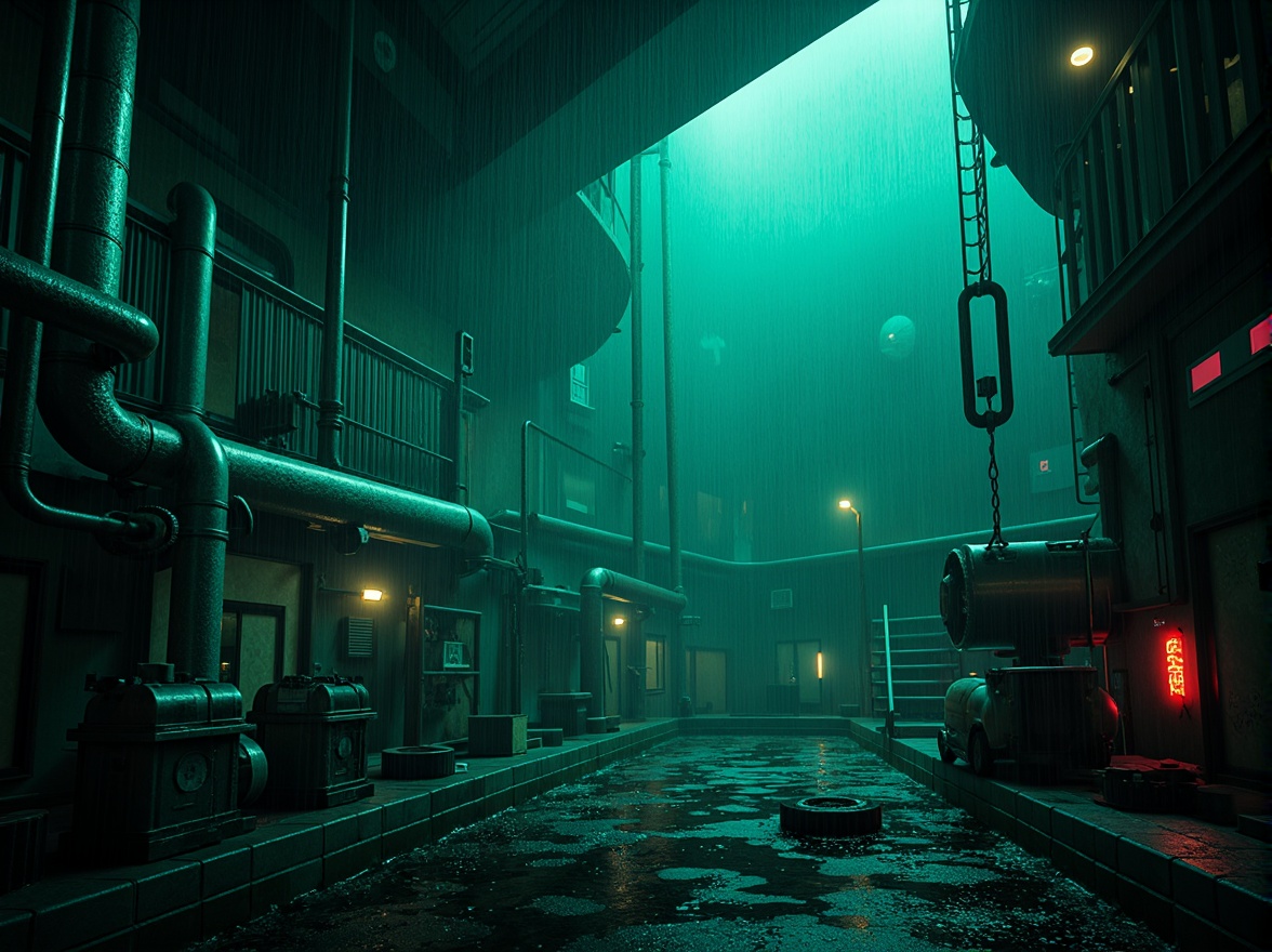 Prompt: Moody dark cyan atmosphere, mysterious oceanic hues, deep blue-green tones, eerie glowing accents, futuristic neon lights, cyberpunk cityscape, rainy night scene, misty foggy ambiance, abandoned underwater lab, old rusty pipes, dimly lit corridors, futuristic sci-fi elements, holographic projections, 3D grid patterns, metallic surfaces, glassy reflections, cinematic shallow focus, low-key lighting, ominous soundtrack.