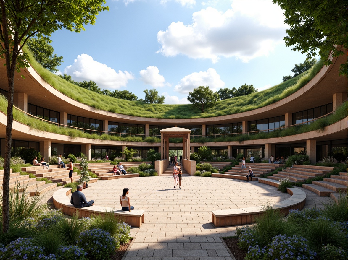 Prompt: Curved amphitheater design, lush green roofs, natural ventilation systems, solar chimneys, wind catchers, clerestory windows, open-air performance spaces, stone seating areas, wooden benches, native plant species, warm sunny day, soft diffused lighting, shallow depth of field, 3/4 composition, panoramic view, realistic textures, ambient occlusion, earthy color palette, organic shapes, eco-friendly materials.