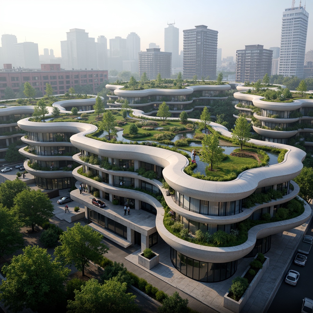 Prompt: Organic blob-shaped buildings, urban cityscape, modern architecture, green roofs, living walls, futuristic design, bioluminescent accents, iridescent colors, undulating structures, natural stone foundations, sleek metal frames, expansive glass facades, minimalist interiors, eco-friendly materials, sustainable energy systems, rooftop gardens, urban forestry, misty morning light, soft focus, shallow depth of field, 3/4 composition, panoramic view.