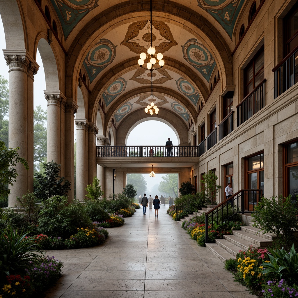 Prompt: Grandiose metro station, Romanesque arches, ornate stone carvings, lush greenery, vibrant flowers, intricate mosaics, rustic brick walls, grand staircases, elegant chandeliers, high ceilings, natural stone flooring, warm ambient lighting, soft focus, shallow depth of field, 1/2 composition, symmetrical framing, realistic textures, atmospheric fog.