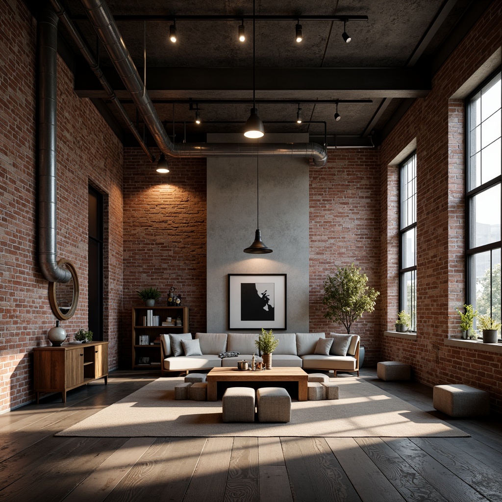 Prompt: Industrial chic factory setting, exposed brick walls, metal beams, reclaimed wood floors, functional pipes, industrial lighting fixtures, minimalist decor, bold typography, primary color accents, geometric shapes, clean lines, functional simplicity, urban atmosphere, gritty textures, dramatic shadows, low-key lighting, 1/2 composition, cinematic framing, realistic materials, ambient occlusion.