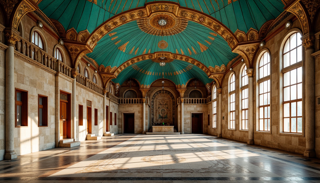 Prompt: Intricate Byzantine-style gymnasium, ornate roof tiles, vibrant turquoise domes, grand archways, opulent golden accents, lavish mosaics, richly patterned marble floors, majestic columns, dramatic vaulted ceilings, soft warm lighting, shallow depth of field, 1/2 composition, symmetrical architecture, realistic textures, ambient occlusion.