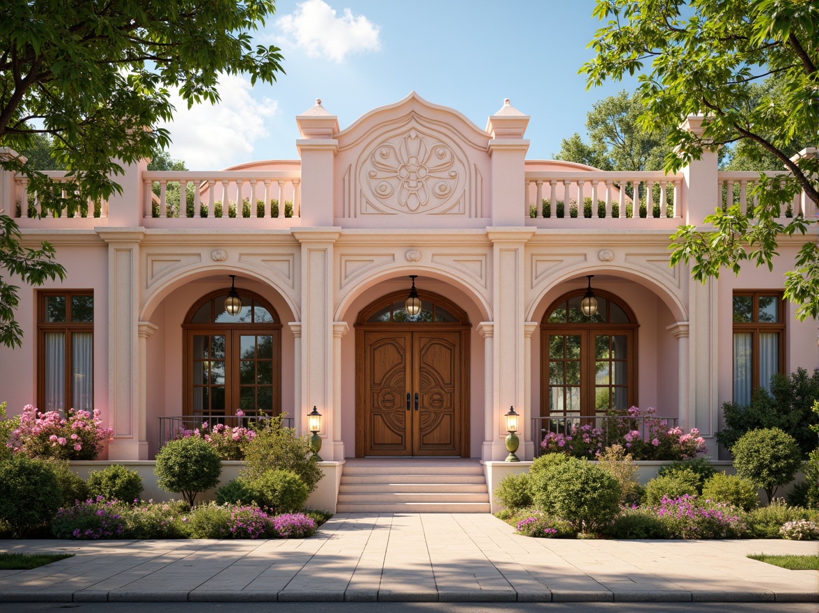 Prompt: Whimsical elementary school facade, pastel color palette, ornate wooden doors, intricate stone carvings, vintage-inspired lanterns, lush greenery, blooming flowers, curved balconies, decorative railings, soft warm lighting, shallow depth of field, 3/4 composition, panoramic view, realistic textures, ambient occlusion, romantic-era inspired architecture, nostalgic atmosphere, idyllic scenery.