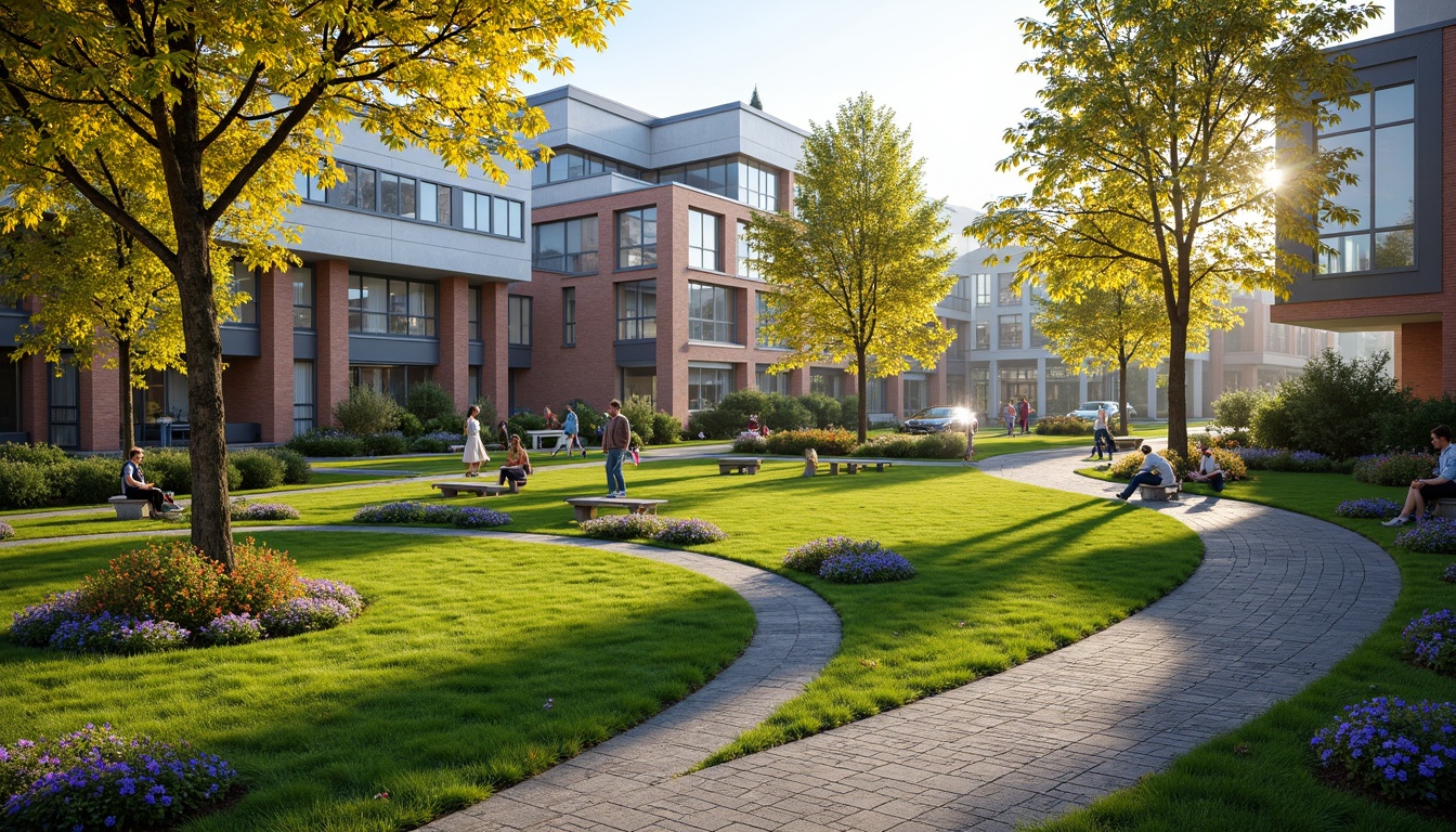 Prompt: Vibrant flowerbeds, lush green grass, majestic trees, winding pathways, educational signage, ornate benches, modern school architecture, large windows, glass doors, blooming cherry blossoms, sunny afternoon, soft warm lighting, shallow depth of field, 3/4 composition, panoramic view, realistic textures, ambient occlusion.